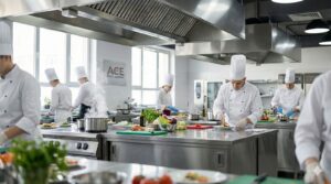 Professional chefs preparing food in a clean commercial kitchen for ACE Food Handler training courses.