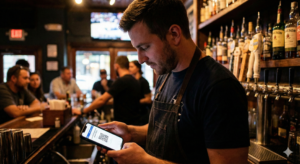 Bartender standing in a bar checking his digital Louisiana Responsible Vendor Bar Card permit on a smartphone