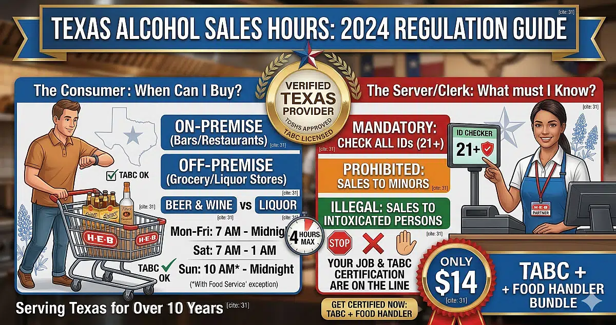 Updated 2026 Texas Alcohol Sales Hours Infographic for Beer and Wine Sunday Rules with TABC Food Handler Bundle for $14